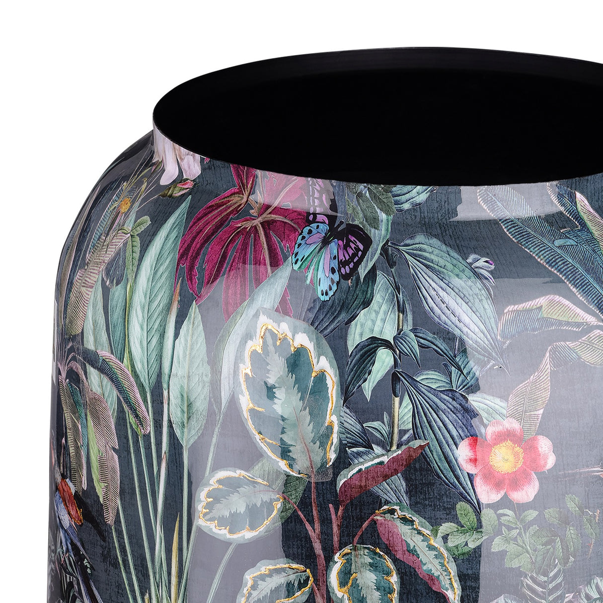 Close-up of Libra Interiors Glossy Enamel Tropical Iron Vase in blue multicolour, showing layered leaves, flowers and a butterfly with a black rim interior.