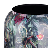 Close-up of Libra Interiors Glossy Enamel Tropical Iron Vase in blue multicolour, showing layered leaves, flowers and a butterfly with a black rim interior.