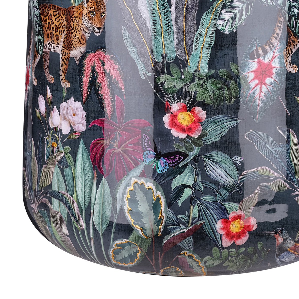 Close-up of Libra Interiors Glossy Enamel Tropical Iron Vase in blue, featuring leopards, hummingbirds, butterflies and leaves with pink, red and gold accents.