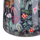 Close-up of Libra Interiors Glossy Enamel Tropical Iron Vase in blue, featuring leopards, hummingbirds, butterflies and leaves with pink, red and gold accents.