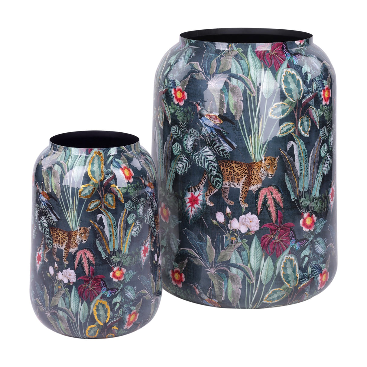 Libra Interiors Glossy Enamel Tropical Iron Vases in blue with leopard, bird and floral print, shown in two sizes with black rims on a white background.