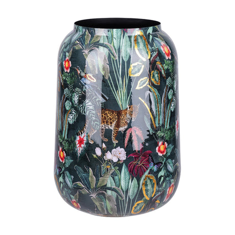 Libra Interiors Enamel Iron Tropical Vase in multicolour with a rounded lantern shape, glossy print of leopard, hummingbird, foliage and florals on deep green.