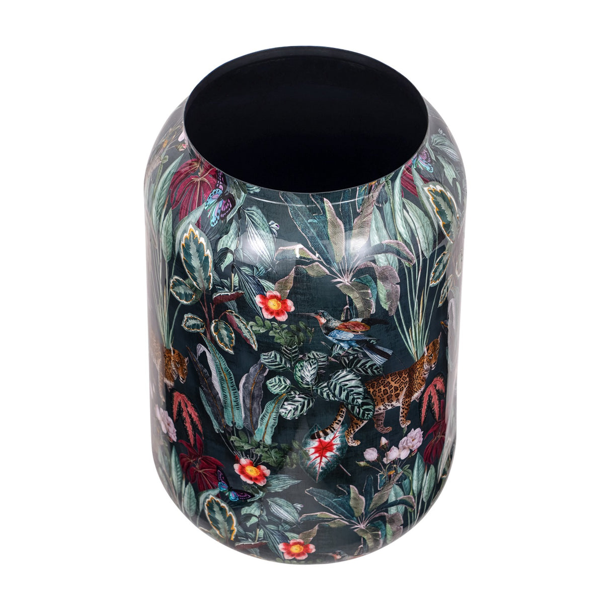 Libra Interiors Enamel Iron Tropical Vase in multicolour with a rounded body, narrow opening, and glossy print of foliage, florals, leopard and hummingbird.