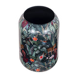 Libra Interiors Enamel Iron Tropical Vase in multicolour with a rounded body, narrow opening, and glossy print of foliage, florals, leopard and hummingbird.