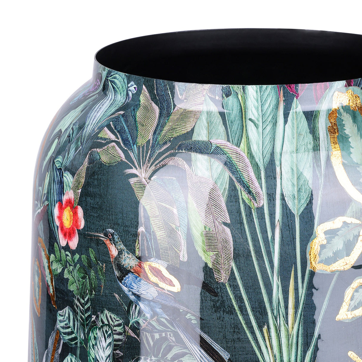 Close-up of Libra Interiors Enamel Iron Tropical Vase in multicolour, showing glossy foliage, hummingbird and floral print with gold accents on a green ground.