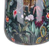 Close-up of Libra Interiors Enamel Iron Tropical Vase showing glossy print of leopard, foliage, pink and white florals, and butterflies on deep green.