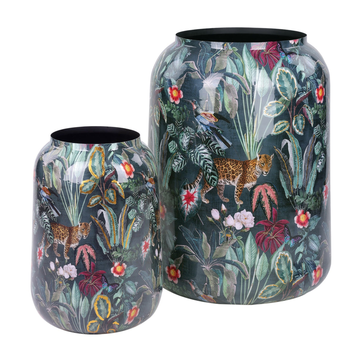 Libra Interiors Enamel Iron Tropical Vase in two sizes with glossy multicolour print of foliage, florals, a leopard and hummingbird on deep green.