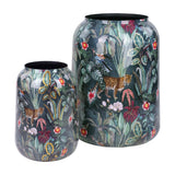 Libra Interiors Enamel Iron Tropical Vase in two sizes with glossy multicolour print of foliage, florals, a leopard and hummingbird on deep green.