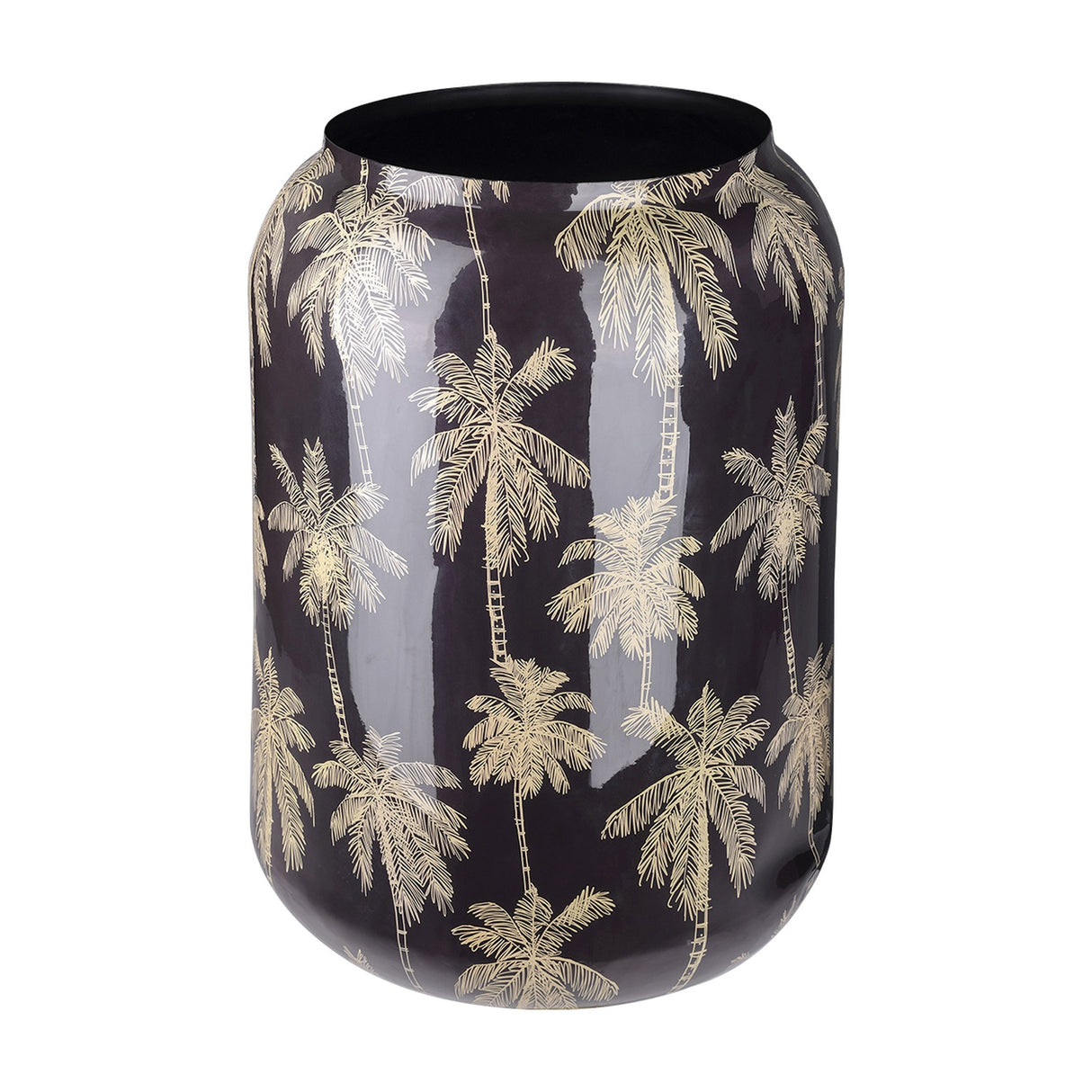 Libra Interiors Gold Palm Enamel Iron Vase in black, a tall rounded vessel with glossy enamel finish and gold palm tree motif on a plain background.