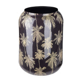 Libra Interiors Gold Palm Enamel Iron Vase in black, a tall rounded vessel with glossy enamel finish and gold palm tree motif on a plain background.