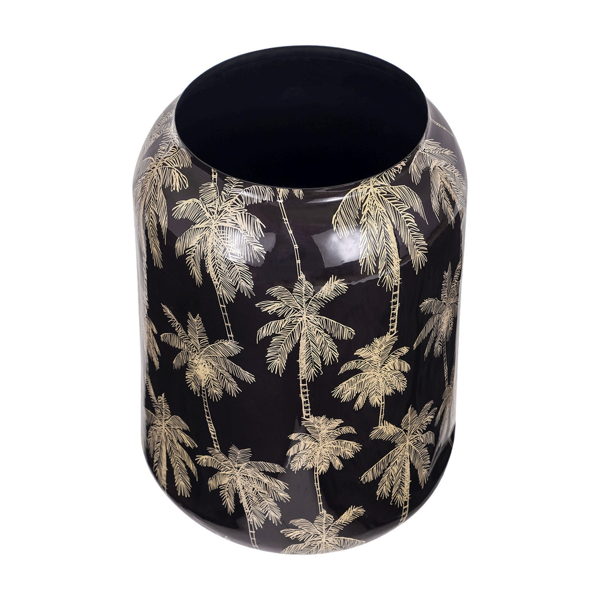 Libra Interiors Gold Palm Enamel Iron Vase in black with glossy finish and gold palm tree motif, shown from above revealing the wide circular opening.