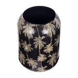 Libra Interiors Gold Palm Enamel Iron Vase in black with glossy finish and gold palm tree motif, shown from above revealing the wide circular opening.