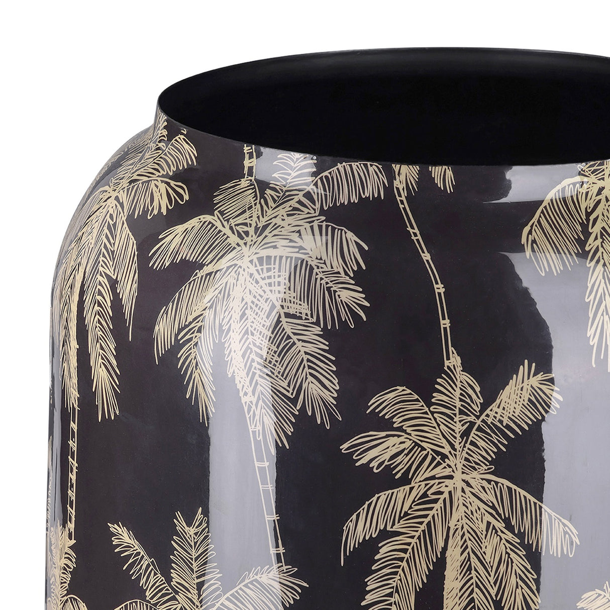 Close-up of the Libra Interiors Gold Palm Enamel Iron Vase in black, showing the glossy gold palm tree motif and wide rounded opening.