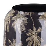 Close-up of the Libra Interiors Gold Palm Enamel Iron Vase in black, showing the glossy gold palm tree motif and wide rounded opening.