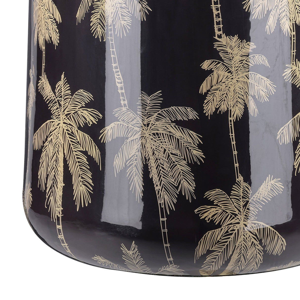 Close-up of the Libra Interiors Gold Palm Enamel Iron Vase in black, showing the glossy enamel finish and detailed gold palm tree motif.