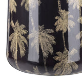 Close-up of the Libra Interiors Gold Palm Enamel Iron Vase in black, showing the glossy enamel finish and detailed gold palm tree motif.
