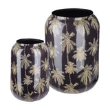Libra Interiors Gold Palm enamel iron vases in black with gold palm tree motif, shown in two sizes side by side on a plain white background.