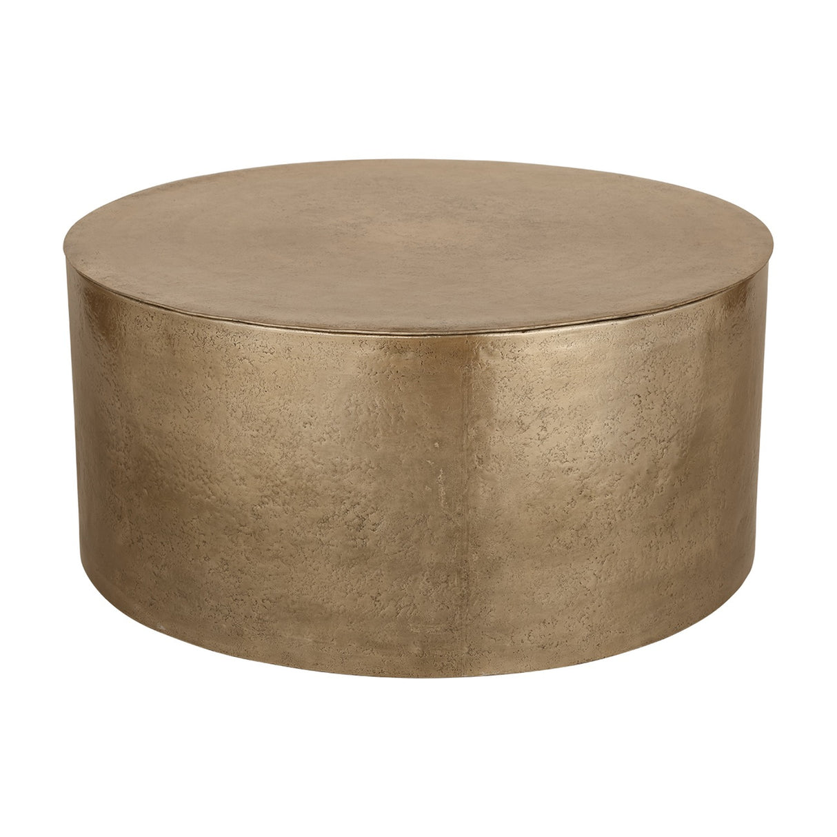 Libra Interiors Drum Storage Coffee Table in champagne gold aluminium with a round drum shape and pitted, textured finish, on a plain white background.