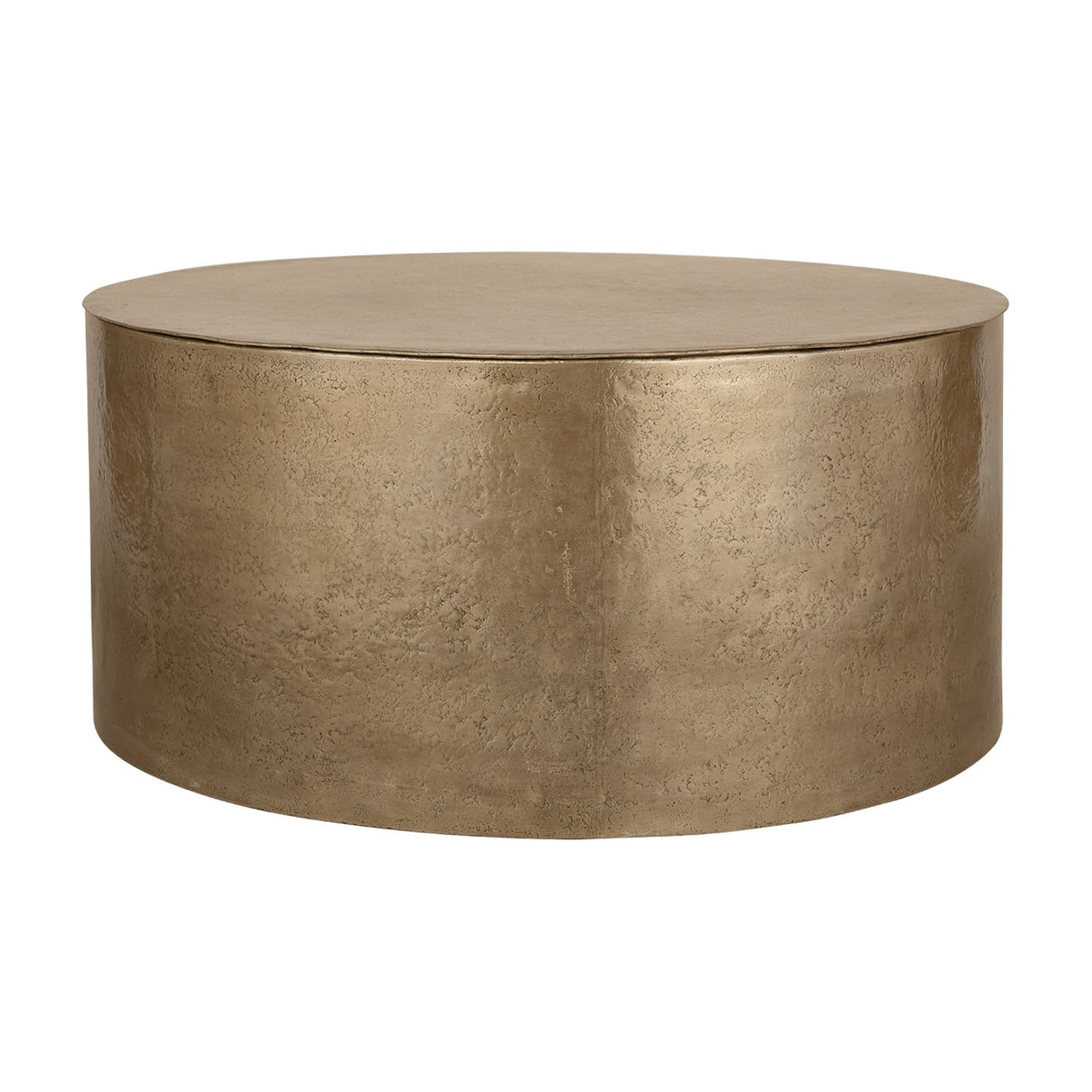 Libra Interiors Drum Storage Coffee Table in champagne gold aluminium with a pitted, textured finish and lift-off lid, shown on a white background.