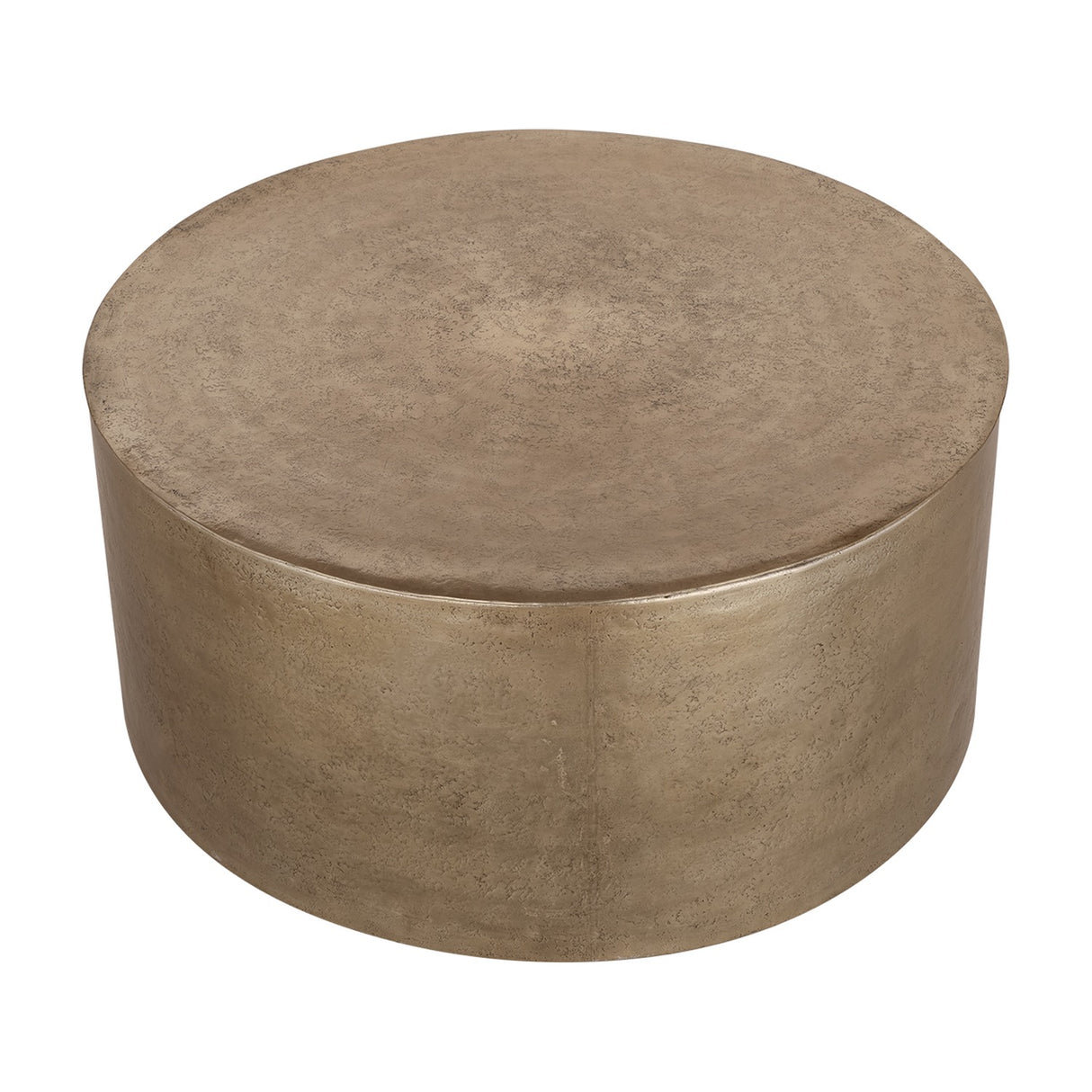 Libra Interiors Drum Storage Coffee Table in champagne gold aluminium with a pitted, textured finish and lift-off lid, on a plain white background.