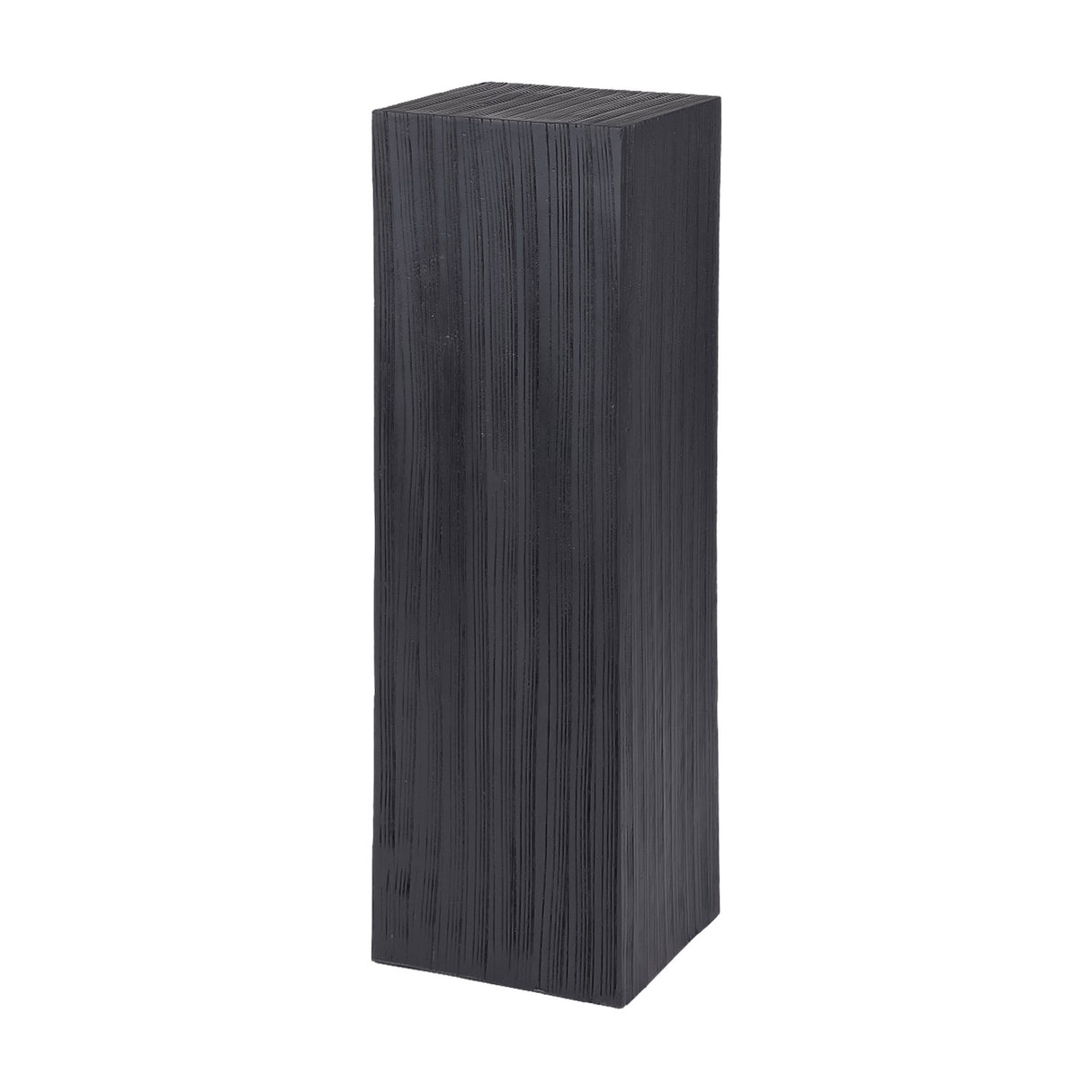 Libra Interiors Grooved Wood Black Display Plinth in solid mango wood with a matt black stain and vertical carved grain, shown on a plain white background.