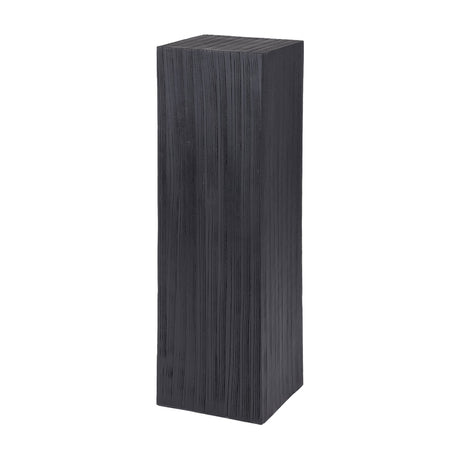 Libra Interiors Grooved Wood Black Display Plinth in solid mango wood with a matt black stain and vertical carved grain, shown on a plain white background.