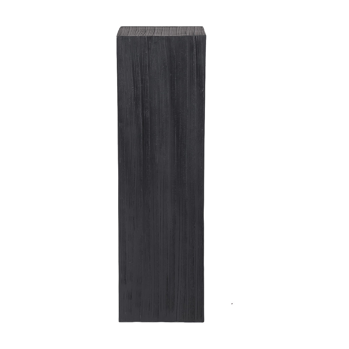 Libra Interiors Grooved Wood Black Display Plinth in solid mango wood with vertical carved grain and matt black finish, shown on a plain background.