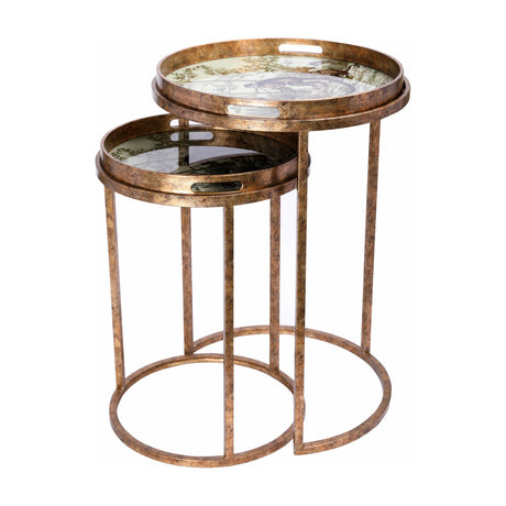 Libra Interiors Removable Tray Top Round Nesting Side Tables in antique gold with iron frames and monkey-and-foliage glass tray tops, on a white background.