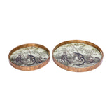 Libra Interiors Round Glass Monkey Jungle serving trays in cream and antiqued gold, set of two nesting round trays with printed jungle scene and inset handles.