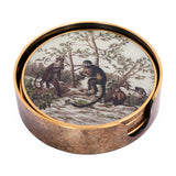 Libra Interiors Jungle Monkey round coaster in cream with vintage monkey and foliage print, shown in an antique gold-effect holder on a white background.