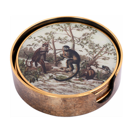 Libra Interiors Jungle Monkey round coaster in cream with vintage monkey and foliage print, shown in an antique gold-effect holder on a white background.