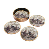 Libra Interiors Jungle Monkey Print round coasters in cream with brown and green monkey illustrations, shown with an antique gold-effect holder.