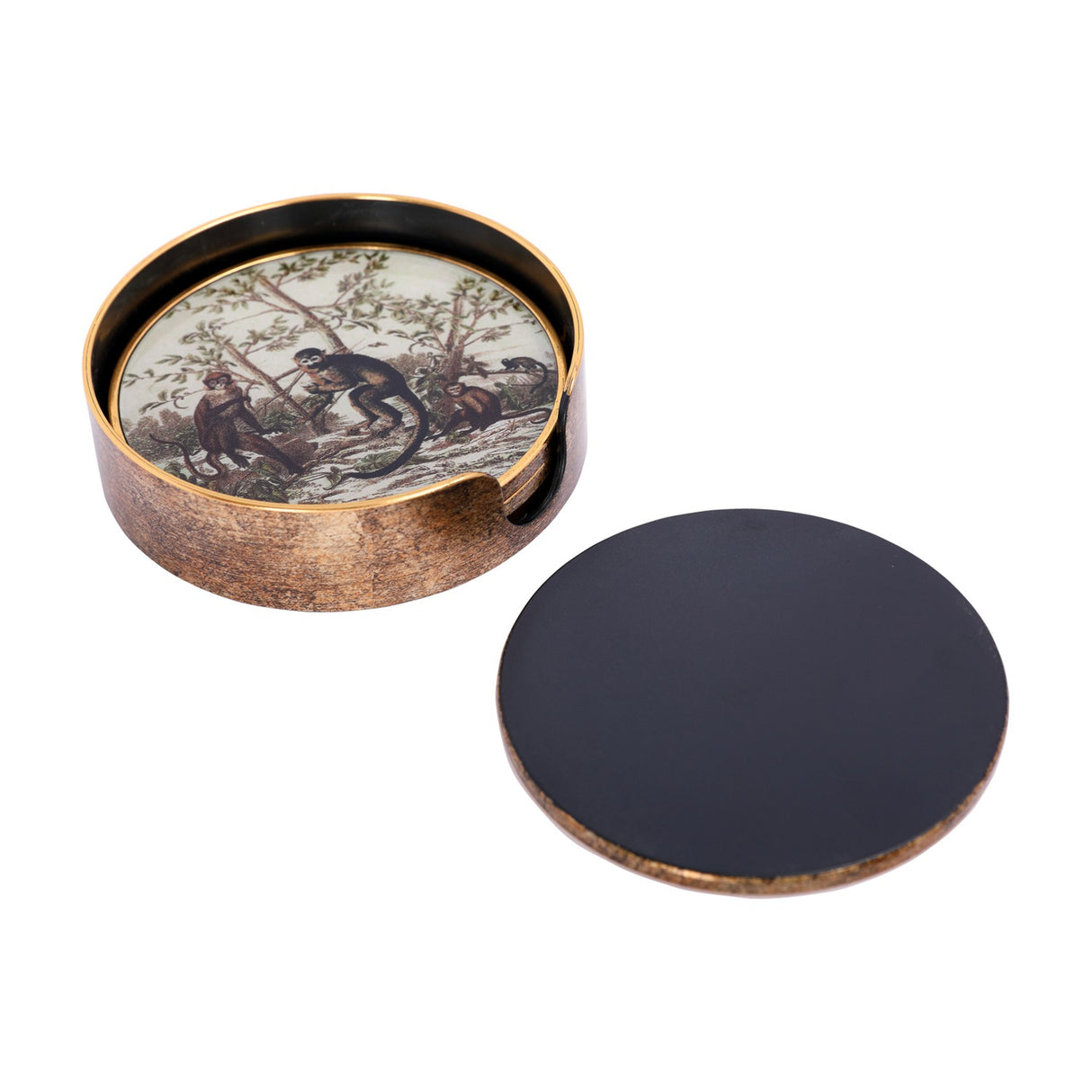 Libra Interiors Jungle Monkey round coaster set in antiqued gold holder, showing cream monkey print inside and a separate coaster flipped to its black base.