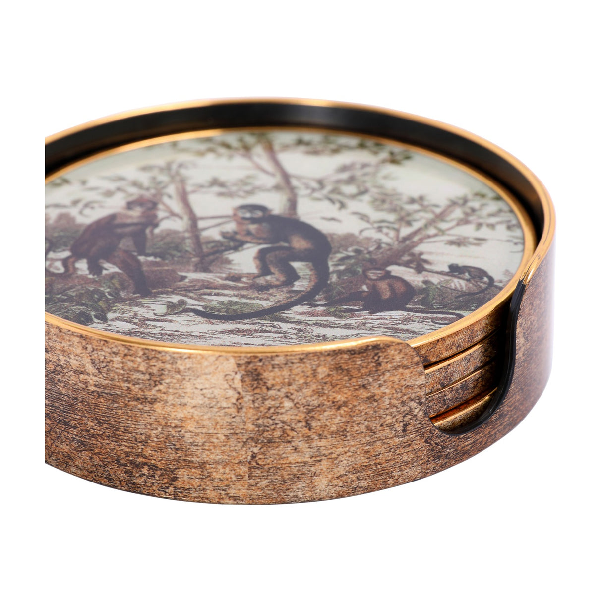 Libra Interiors Jungle Monkey round coaster set in cream with vintage monkey and foliage print, stacked inside an antique gold-effect holder.