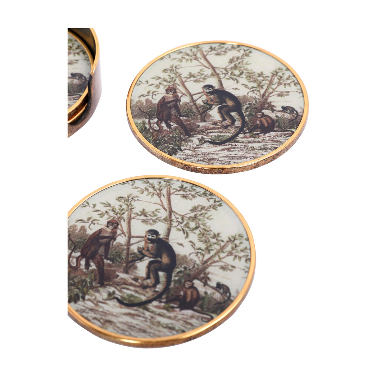 Libra Interiors Jungle Monkey round coasters in cream with vintage monkey and foliage print, gold-effect trim, shown with matching antiqued holder.