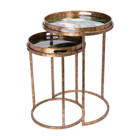 Libra Interiors Removable Tray Top Nesting Side Tables in gold with round antiqued iron frames and tropical bird print trays under glass.