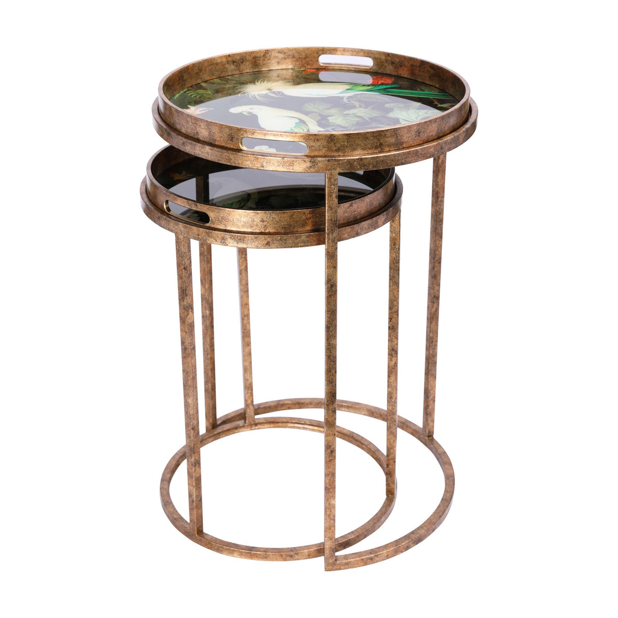 Libra Interiors Removable Tray Top Nesting Side Tables in gold with round iron frames and tropical birds tray tops, shown on a white background.