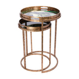 Libra Interiors Removable Tray Top Nesting Side Tables in gold with round iron frames and tropical birds tray tops, shown on a white background.