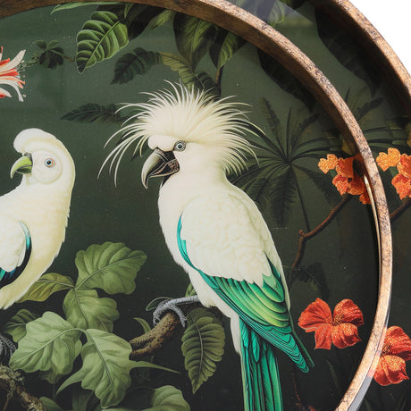Libra Interiors round glass tropical bird serving tray in gold, featuring white cockatoos, green foliage and red blooms beneath glass with an antiqued rim.