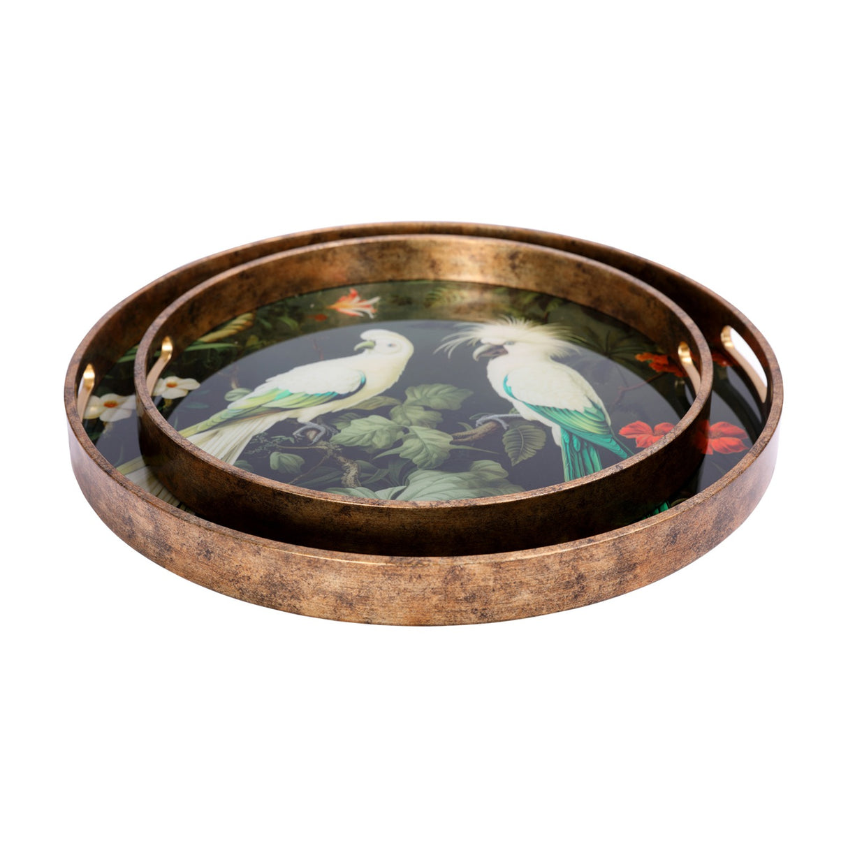 Round Glass Tropical Bird Serving Tray – Gold