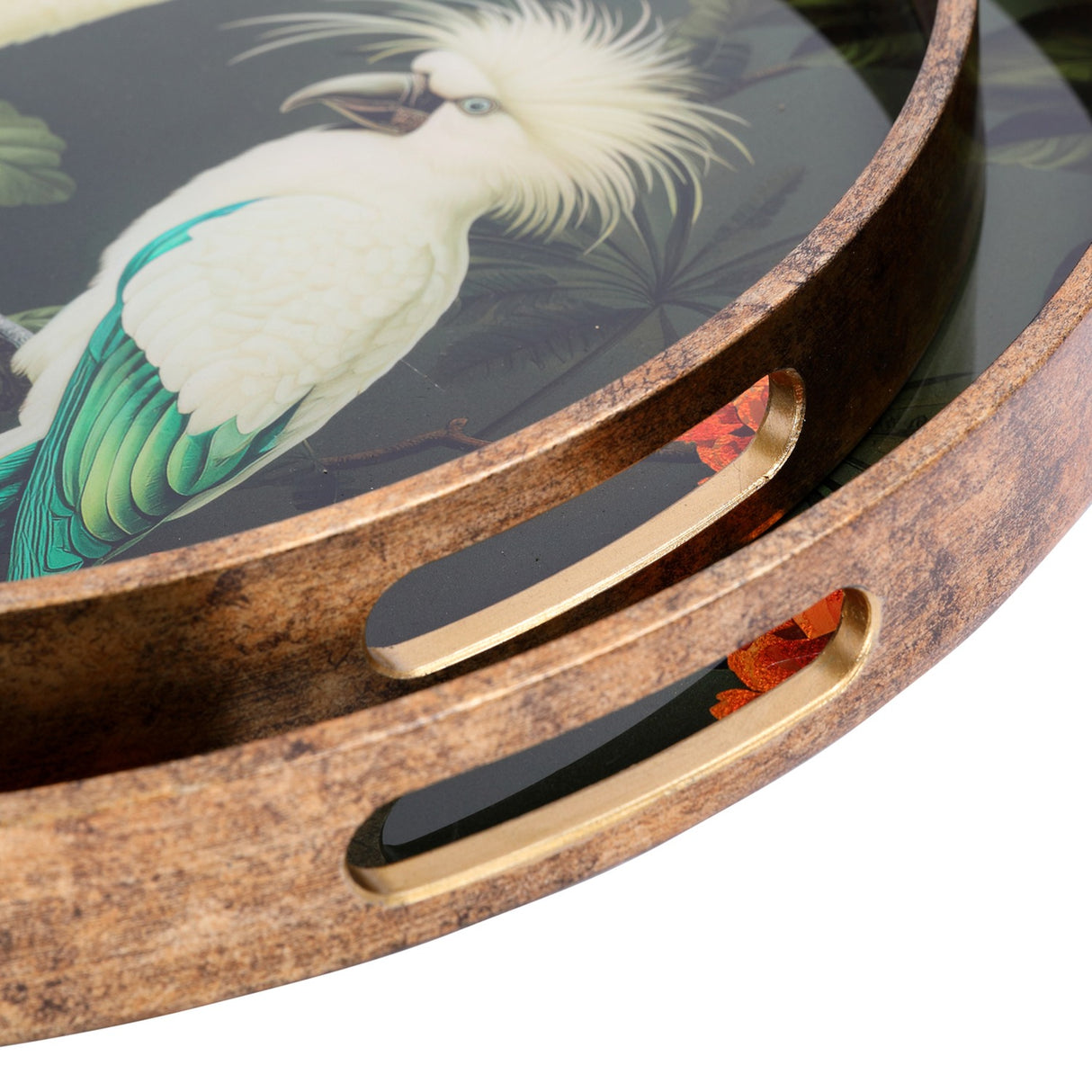 Round Glass Tropical Bird Serving Tray – Gold