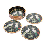 Libra Interiors Tropical Bird round acrylic coaster set in gold with four white cockatoo prints, green foliage, antique gold rims, and matching holder.