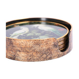Libra Interiors Tropical Bird round acrylic coasters in gold, stacked in a coordinating antique gold-effect holder with white cockatoo and foliage print.