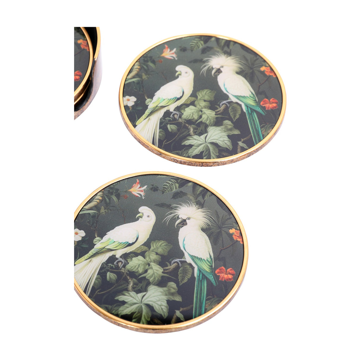 Libra Interiors Tropical Bird round acrylic coasters in gold, showing white cockatoos among green foliage with antique gold rims, on a white background.