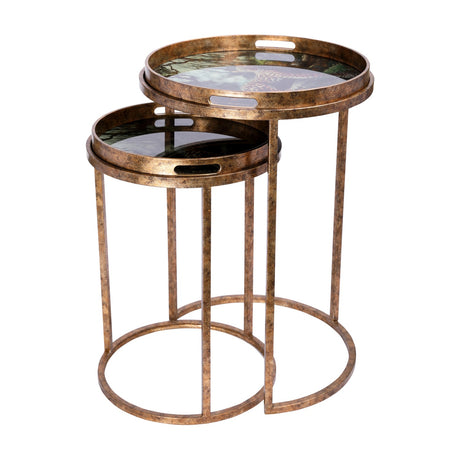 Libra Interiors Antiqued Gold Leopard nesting side tables, a pair of round tray-top tables with jungle-print glass tops and slim metal frames.