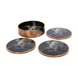 Libra Interiors Jungle Print round acrylic coaster set with leopard illustrations and antiqued gold rims, shown with matching holder on a white background.