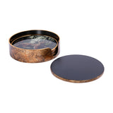 Libra Interiors Jungle Print round acrylic coaster set in antiqued gold holder with leopard illustration and a separate black coaster beside it.
