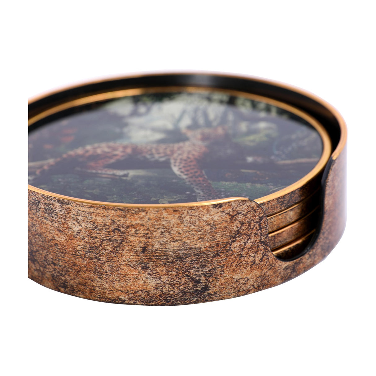 Libra Interiors Jungle Print round acrylic coaster set stacked in a matching holder with antiqued gold-effect rims and a leopard scene on top.