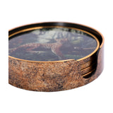 Libra Interiors Jungle Print round acrylic coaster set stacked in a matching holder with antiqued gold-effect rims and a leopard scene on top.