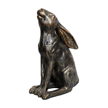 Libra Interiors Antique Bronze Stargazing Hare Sculpture in textured resin, sitting upright with head tilted skyward and long ears back, on a white background.